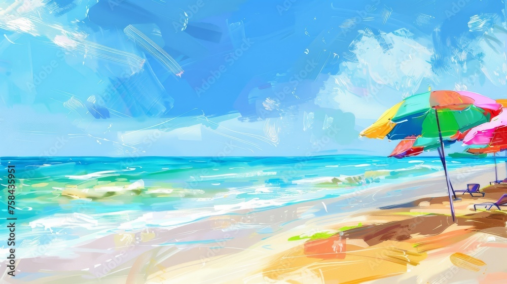 Tropical Beach Paradise with Vibrant Umbrellas AI Generated.