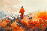 Orange splash watercolor painting of Jesus Christ grazing sheep