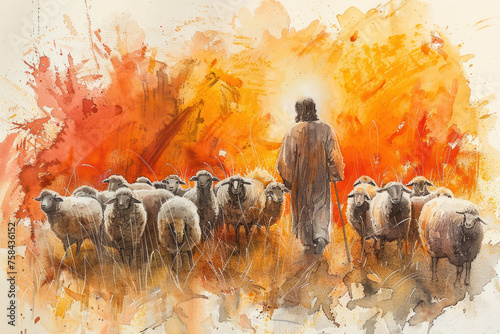 Orange splash watercolor painting of Jesus Christ grazing sheep photo