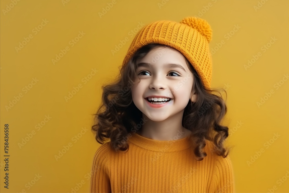 Portrait of a cute little girl in a yellow hat on a yellow background Portrait of a cute little girl in a yellow hat on a yellow background