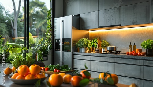 AI-driven smart kitchen appliances, enhancing culinary experiences with voice commands and energy efficiency, in a sleek kitchen setting photo