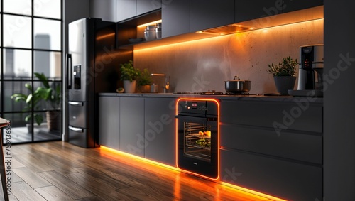 AI-driven smart kitchen appliances, enhancing culinary experiences with voice commands and energy efficiency, in a sleek kitchen setting photo