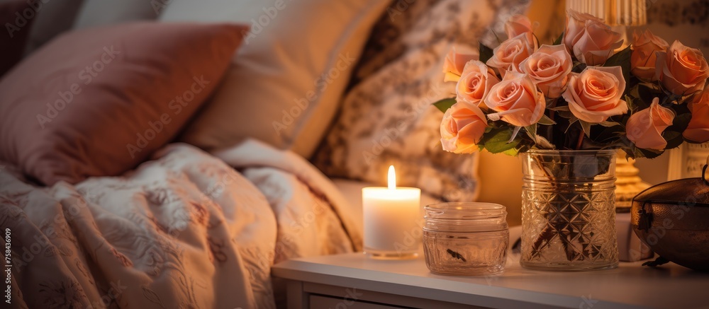 Cozy retro-style bedroom with candle and flowers on bedside table.