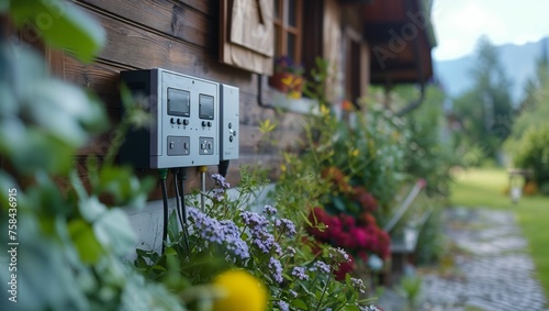 Smart meter and smart grid technology in a residential area, illustrating sustainable energy management and real-time usage data