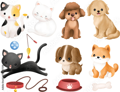 Watercolor Illustration set of Cute Cats and Dogs © Stella