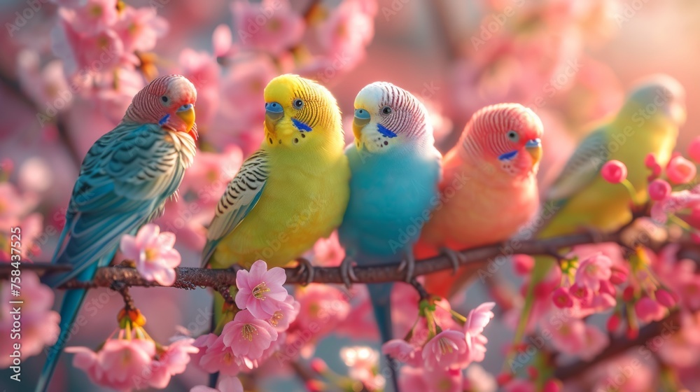 Budgerigars perched on a branch among cherry blossoms, a colorful spring scene.