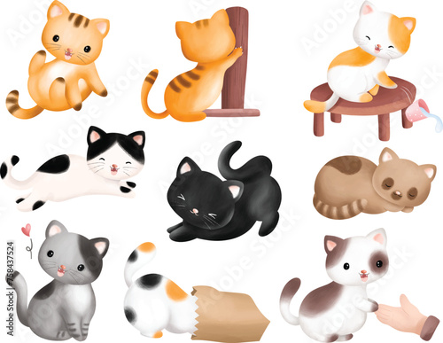 Watercolor Illustration set of Cute Cats © Stella