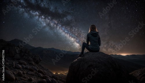 Woman sitting on a rock looking at the milky way galaxy.
