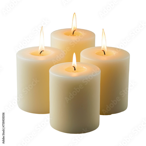 Four white pillar candles with lit flames.  png file of isolated cutout object without shadow on transparent background.