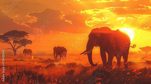 Wallpaper background of Elephants roam freely in the golden glow of the setting sun amidst the vast savanna landscape of Kenya. Generative AI © SazzadurRahaman