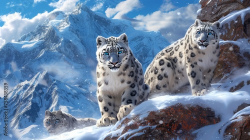 A display of photorealistic snow leopards, each with piercing blue eyes, camouflaged against a snowy mountainous backdrop. Two snow leopards standing in a mountainous snow-covered terrain.