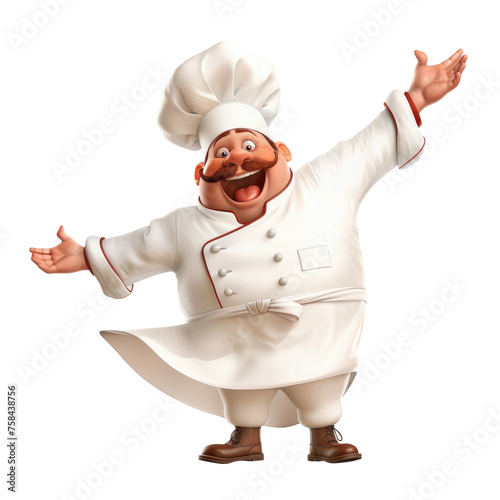 Cartoon chef with a mustache in a welcoming pose. png file of isolated cutout object without shadow on transparent background.