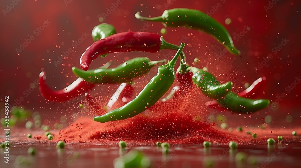 Hot chili peppers on a red background, falling in the air. Hot chili peppers on a red background, falling in the air.