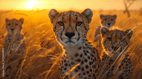 A family of cheetahs alert in the savanna at dusk, showcasing their wild beauty and unity.