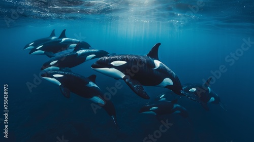 Orcas dive through ocean depths, showcasing the dynamic and mysterious underwater world. © Liana