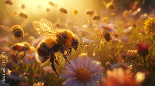  A bee hovers over a field of wildflowers bathed in golden sunlight, symbolizing pollination and spring. © Liana