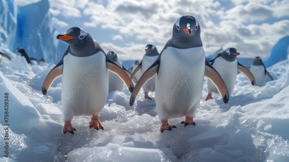 Obraz premium Penguins stride through icy terrain with blue glaciers in the background, embodying polar life.