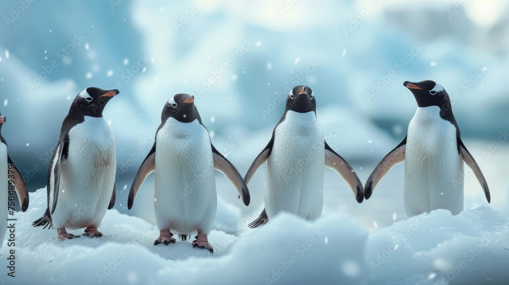 Fototapeta premium A group of penguins on a snowy landscape, representing wildlife in the polar region.