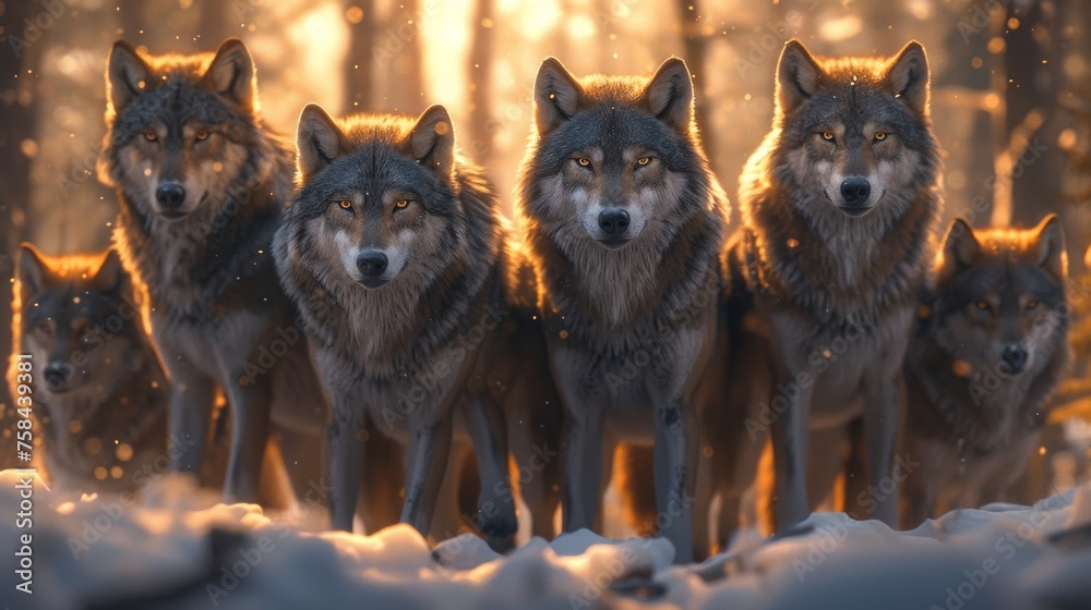 Wolves standing in snow with a backlight from the sunrise, showing the strength of the pack. Wolves standing in snow with a backlight from the sunrise, showing the strength of the pack.
