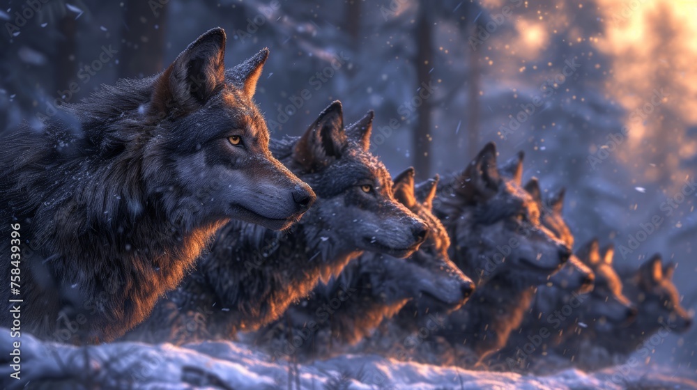 A pack of wolves in a snowy forest at dusk, conveying a sense of wildness and survival. - obrazy, fototapety, plakaty 