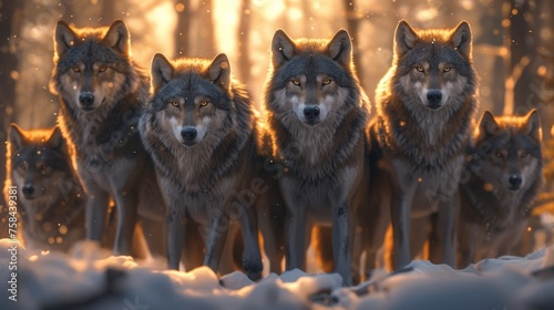 Wolves standing in snow with a backlight from the sunrise, showing the strength of the pack.