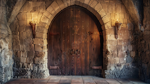 Ancient Wooden Door in Stone Archway: The image features a large, ornate wooden door set within a stone archway. 