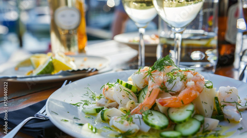 Diners enjoy a seafood feast in a picturesque cove savoring grilled halibut tangy shrimp ceviche and refreshing cucumber and dill salad. photo