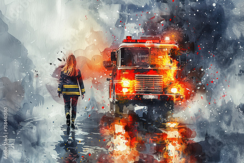 Firefighter woman walking near fire engine with red splash watercolor