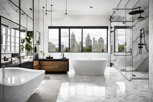 bathroom with a freestanding tub  glass-enclosed shower  and marble tile floors  epitomizing luxury and relaxation in design
