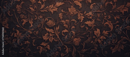 A detailed closeup of a brown floral pattern on a dark black background resembling a natural landscape, with intricate plant twigs and treelike designs photo