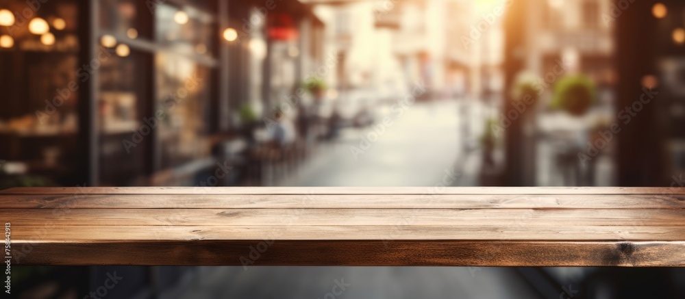 Focus on an empty wooden table with a blurred background of a coffee shop setting, suitable for product display or photomontage.