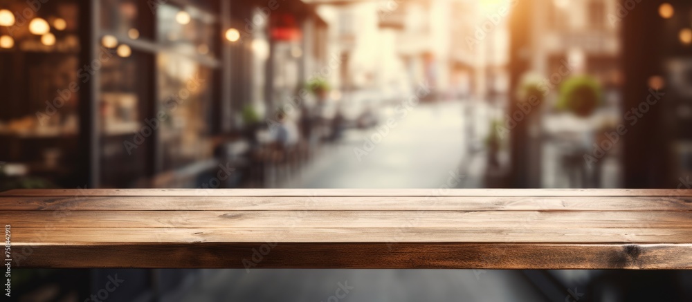Focus on an empty wooden table with a blurred background of a coffee shop setting, suitable for product display or photomontage. Focus on an empty wooden table with a blurred background of a coffee shop setting, suitable for product display or photomontage.