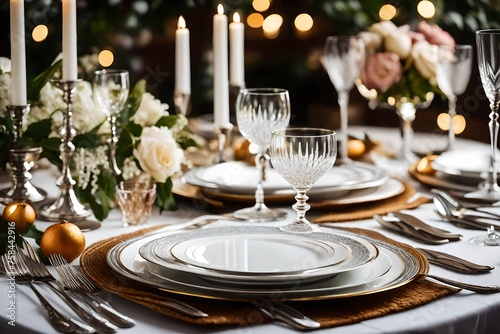  table setting with fine china, glassware, and polished silverware, arranged for a dining experience