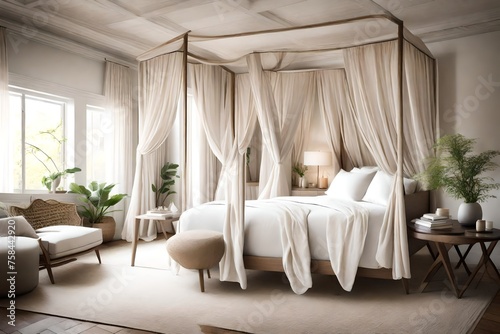  bedroom with a canopy bed  flowing drapes  and a soft color palette  creating a peaceful oasis for rest and relaxation