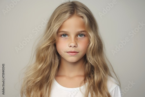 Portrait of a beautiful little girl with long blond hair. Studio shot.