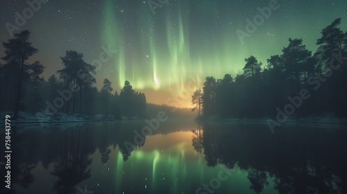 Northern Lights Mirrored in a Forest Lake at Night