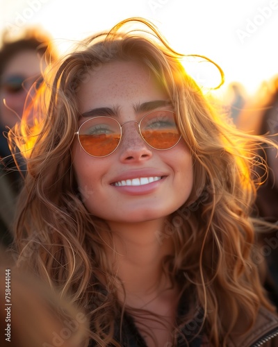 Joyful Young Woman with Sunglasses at Sunset