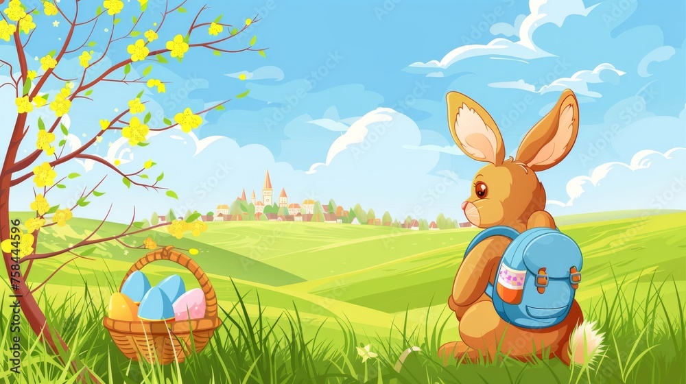 Fototapeta premium Cheerful Easter Bunny Adventure in Springtime Meadows. Generative AI.