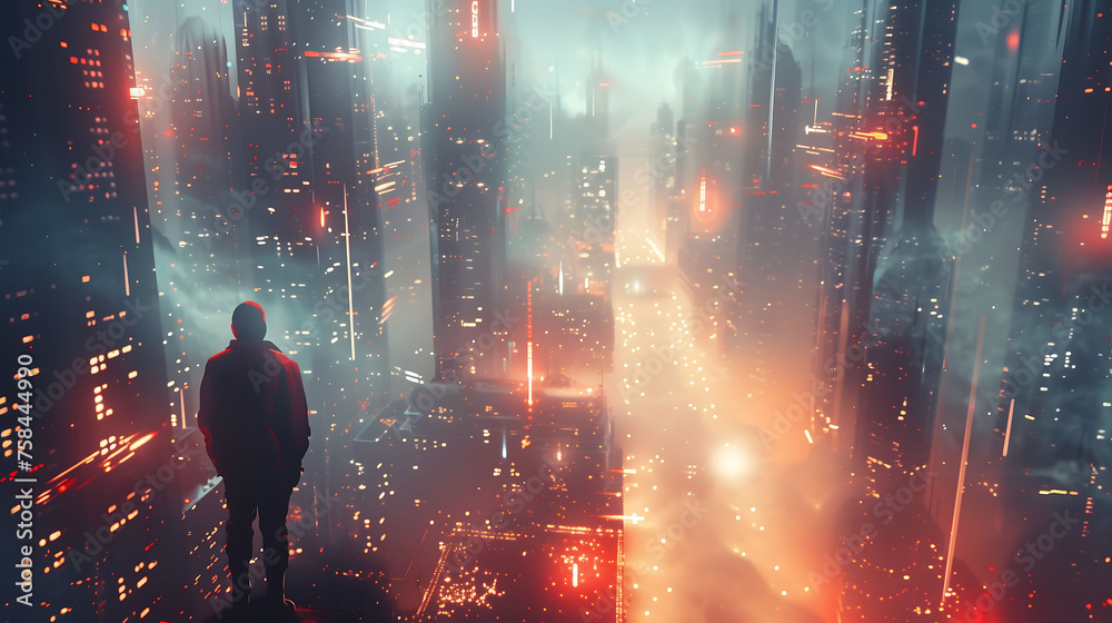 Lone Figure Overlooking a Dystopian City Ablaze