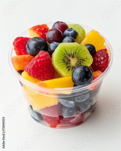 A colorful transparent plastic cup filled with a variety of fresh fruits, including berries and citrus slices