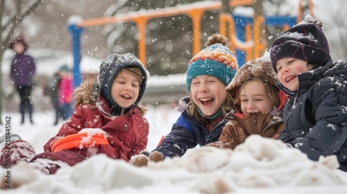 A playful picnic on a snowcovered playground with hot cocoa and a friendly game of hockey. The sound of kids laughing and the smell of hot cocoa create a festive and joyful photo