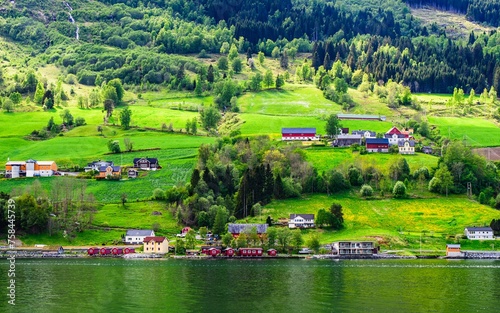Mountains and Fjord over Norwegian Village, Olden, Innvikfjorden, Norway, Europe