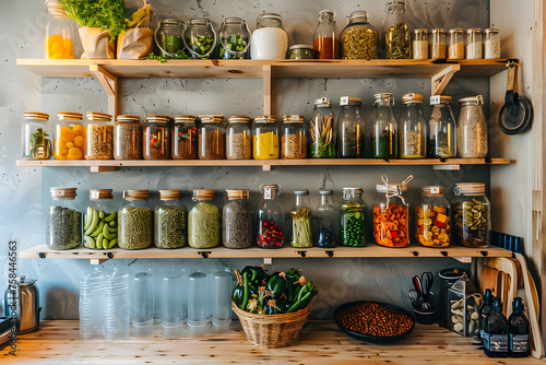 Assorted dry foods and pickles stored neatly in transparent jars.