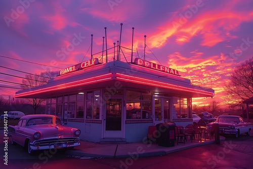 Retro Diner Bathed in Sunset Glow with Classic Cars © Edifi 4