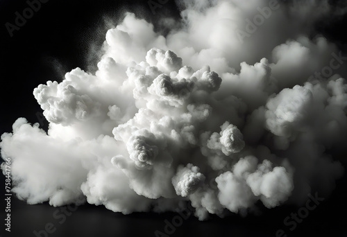 Bizarre forms of white powder explosion cloud against black background. stock photo