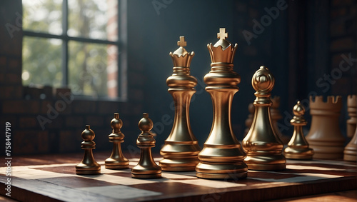 A chess board with golden chess pieces.