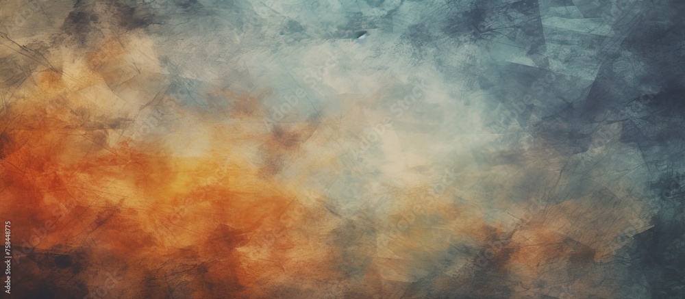 An art piece depicting a natural landscape with a cloudy sky in various tints and shades, with smoke coming out of it, set against a horizon with a pattern of cumulus clouds and brown wood accents