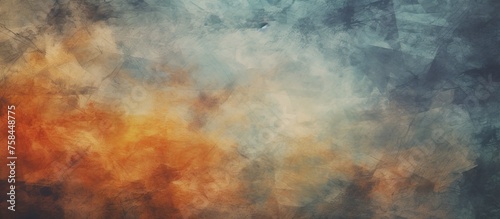 An art piece depicting a natural landscape with a cloudy sky in various tints and shades, with smoke coming out of it, set against a horizon with a pattern of cumulus clouds and brown wood accents