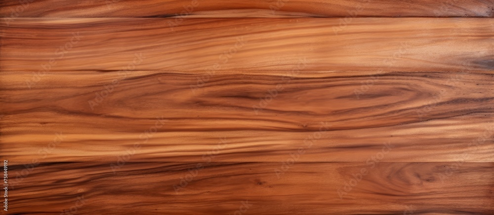 Fototapeta premium A close up of a brown hardwood plank with a rich amber wood stain, showcasing a beautiful grain pattern. The surface is finished with varnish for a glossy shine