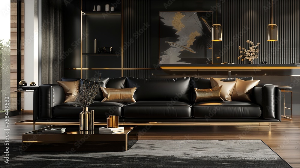 A modern black and gold home interior with sleek lines and minimalist